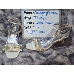 NEW Badgley Mischka Telissa White Silver Embellished Ankle‎ Strap Heels Size 12